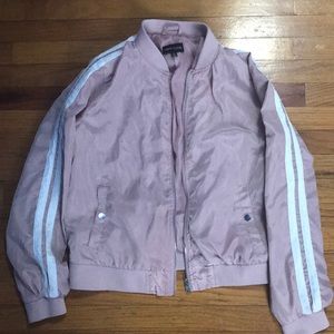 Blush Pink White Striped Sleeve Crop Bomber Jacket